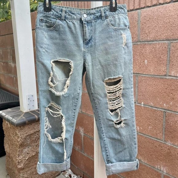 Light denim distressed, ripped crop jeans - Picture 1 of 4